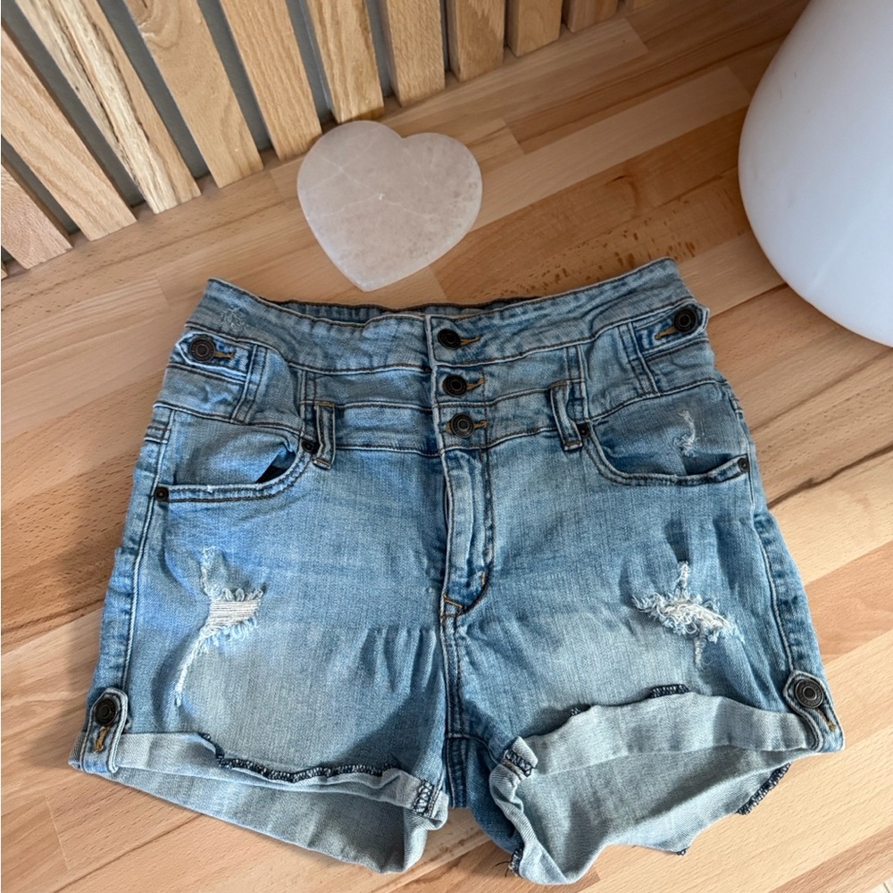 eunina Light Blue Distressed High-Rise Denim Shorts